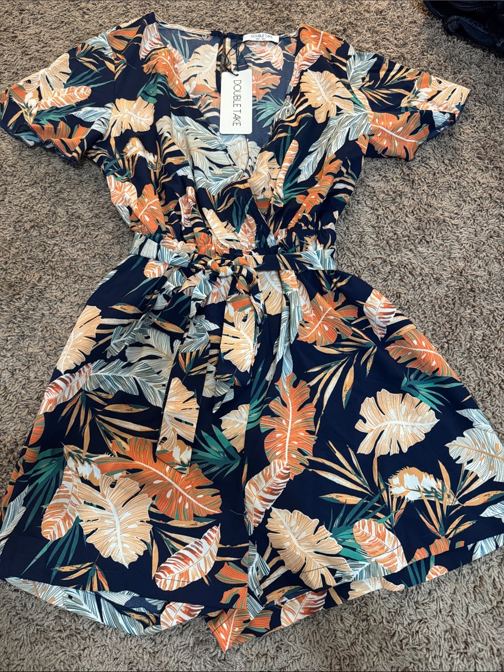 Double Take Navy Tropical Leaf Wrap Romper